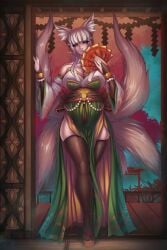 fox_ears fox_girl fox_tail huge_breasts kitsune looking_at_viewer original_character pale-skinned_female pregnant solo_female thick_thighs thighhighs urw voluptuous