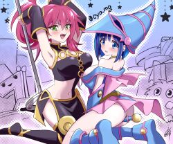 2girls ahoge armpits arms_up bare_shoulders between_legs blue_eyes blue_footwear blue_hair breasts chaya_mago choker cosplay dark_magician_girl_(cosplay) detached_sleeves duel_monster evil_twin_ki-sikil evil_twin_lil-la female female_only green_eyes hat ki-sikil_(yu-gi-oh!) kuriboh large_breasts lil-la_(yu-gi-oh!) md5_mismatch multiple_girls open_mouth pink_hair ponytail resolution_mismatch sevens_road_witch_(cosplay) short_hair sleeveless source_larger staff thighhighs witch_hat yu-gi-oh! yu-gi-oh!_sevens