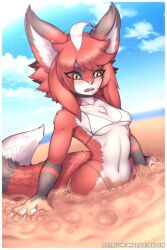 ahoge beach big_ass blush breasts cleavage fox_girl furry hi_res madartraven navel open_mouth orange_eyes quicksand red_fur red_hair small_breasts swimsuit thick_thighs volt_(madartraven) wide_hips