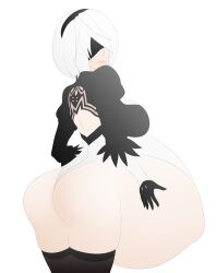 1girls ass belly big_ass big_belly blindfold breasts female female_only hairband huge_belly hyper_belly i_love_vore light-skinned_female light_skin nier nier:_automata short_hair solo solo_female thighhighs vore white_background white_hair yorha_2b