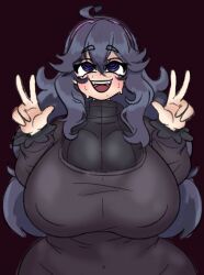 1girls ahegao ahoge big_breasts black_background black_dress black_hair black_sweater breasts eyes_rolling_back fangs female hex_maniac huge_breasts inakotho long_hair pokemon silly_face simple_background sketchy solo solo_female sweating tagme turtleneck turtleneck_sweater v_sign wide_hips