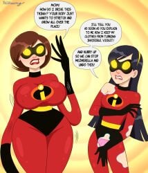 2girls big_breasts black_hair body_swap bodyswap brown_hair disney elastigirl english english_text female female_only helen_parr hypnosis mind_control multiple_girls panties pink_panties pixar polmanning red_lipstick red_suit see-through_clothing smooth_skin speech_bubble stretching superheroine text the_incredibles thunder_thighs underwear violet_parr