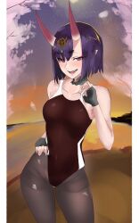 belly_button_visible_through_clothing breasts demon devil fate/grand_order fate_(series) long_horns medium_breasts nixie_8808 oni oni_horns petite purple_hair shoulders shuten_douji_(fate) thick thick_thighs thin tight_clothing