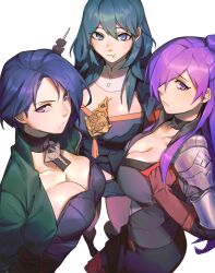 3girls armor asymmetrical_clothes asymmetrical_hair bangs berg berg-yb black_gloves black_hair blue_eyes blue_hair breasts byleth_(fire_emblem) byleth_(fire_emblem)_(female) choker cleavage closed_mouth collarbone emotionless expressionless female female_only fire_emblem fire_emblem:_three_houses fire_emblem_warriors:_three_hopes food glaring gloves hair_bun hair_over_one_eye highres irritated jacket large_breasts long_hair looking_at_viewer medium_hair multiple_girls nintendo purple_eyes purple_hair shamir_nevrand shez_(female)_(fire_emblem) shez_(fire_emblem) short_hair simple_background single_hair_bun take_your_pick uncomfortable white_background