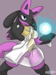 2019 3:4 anthro areola breasts clothing female genitals hi_res lucario nintendo nipples pokemon pokemon_(species) purple_body pussy rivvoncat solo spread_legs spreading translucent translucent_clothing video_games