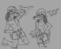 2022 anthro beanie blush bottomwear bulge canid canine canis clothed clothing dialogue domestic_dog english_text erection fur furry furry_only genitals hand_on_hip hat headgear headwear heart humanoid_genitalia humanoid_penis looking_aside looking_at_viewer male male_only mammal penis poodle presenting presenting_penis puppy_(artist) shorts simple_background solo talking_to_viewer text toothy_grin topless undressing