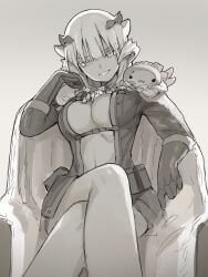 absurd_res big_breasts cape cleavage crossed_legs female female_only hi_res horns inner_sideboob jumpsuit looking_at_viewer made_in_abyss monochrome no_bra open_shirt revealing_clothes short_hair sitting solo srajo very_high_resolution