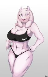 1girls big_breasts black_panties breasts goat goat_ears goat_girl goat_horns goat_tail horn huge_breast large_breasts long_ears massive_breasts milf navel panties purple_eyes rusal32 thick_thighs toby_fox tongue toriel undertale undertale_(series)