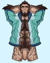 balls bara beard big_penis body_hair closed_eyes facial_hair flaccid hairy hands_behind_head male male_only marsafterstars monster_prom muscles muscular open_jacket pantsless penis pointy_ears scott_howl solo solo_male tail werewolf