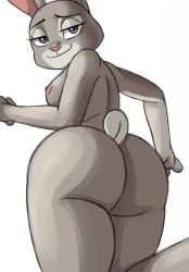 akenju anthro anthro_only areola ass bedroom_eyes big_breasts big_butt breasts bubble_butt convenient_censorship disney eyelashes female fingers fur grey_body grey_fur half-closed_eyes hi_res huge_butt judy_hopps lagomorph leporid looking_at_viewer looking_back looking_back_at_viewer mammal narrowed_eyes nipples no_humans nude pink_areola pink_nipples presenting presenting_hindquarters purple_eyes rabbit raised_leg rear_view seductive shaded simple_background small_breasts smile solo standing thick_thighs white_background wide_hips zootopia