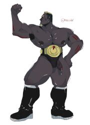 bara dark-skinned_male dark_skin fabssdaf machoke male male_focus male_only muscular muscular_male penis_out pokemon pokemon_(species) precum precum_drip white_background