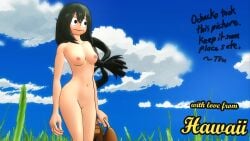 1girls bag blue_sky breasts casual completely_nude completely_nude_female dominica9 english_text erotica female grass green_hair human long_hair looking_away my_hero_academia navel nipples nude nude_female pale_skin postcard solo solo_female tsuyu_asui