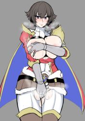 big_breasts blush breasts breasts_out cape covering_breasts covering_pussy embarrassed female_knight fiorayne flushed flustered french horny horny_female knight large_breasts lc_7v2 monster_hunter monster_hunter_rise short_hair thick thick_thighs tomboy wet wet_pussy