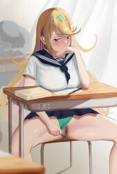 blonde_female blonde_hair breasts female large_breasts legs_open long_hair mythra nintendo panties panties_aside pubic_hair pussy school_desk school_uniform sitting_at_desk xenoblade_(series) xenoblade_chronicles_2 モズパチョ