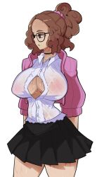 1girls 2022 aidancore areolae atlus bare_legs breasts brown_eyes brown_hair cleavage curly_hair female female_only glasses haru_okumura huge_breasts large_areolae looking_to_the_side nipples nipples_visible_through_clothing office_lady open_shirt persona persona_5 ponytail secretary sega short_hair short_skirt simple_background skirt thick_thighs thighs tied_hair wet