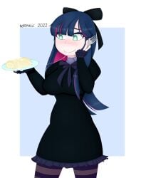 black_dress bow cum_on_food cum_string eating_cum food goth goth_girl large_breasts lolita_fashion long_hair nekomatic panty_&_stocking_with_garterbelt smile stocking_anarchy stockings two_tone_hair