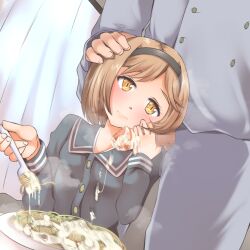 1girls blush brown_hair censored cum cum_in_food cum_on_hair cumdrip erection female food handjob mosaic_censoring penis short_hair yellow_eyes