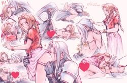 1boy 1girls aerith_gainsborough armor bangle bangs black_gloves black_jacket bracelet braid braided_ponytail breasts brown_hair censored closed_eyes clothed_sex collar cowgirl_position cropped_jacket cuffs dress elena_ivlyushkina female female_on_top final_fantasy final_fantasy_vii final_fantasy_vii_remake flower gloves green_eyes grey_hair hair_down hair_ribbon handcuffs hands_tied heart heart_censor height_difference jacket jewelry kay-i kissing_ass leash leg_lock long_hair looking_back medium_breasts multiple_positions multiple_views nude oral panties panty_pull parted_bangs pink_dress pink_ribbon pulling_panties red_jacket restrained ribbon sephiroth sex short_sleeves shoulder_armor sidelocks straight topless topless_male underwear yellow_flower