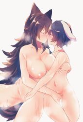 2girls big_breasts breasts bunny_girl female female/female female_only kagerou_imaizumi kissing masturbating_other masturbation multiple_girls nude oettenaru small_breasts tagme tewi_inaba touhou wolf_girl yuri