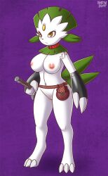 2019 areola big_breasts breasts female genitals hi_res holding_object holding_weapon impious melee_weapon mostly_nude navel nintendo nipples pink_areola pink_nipples pokémon_(species) pokemon purple_background pussy red_eyes simple_background solo sword video_games weapon weavile white_body