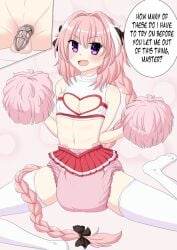 1boy astolfo_(fate) boob_window chastity chastity_cage cheerleader cheerleader_uniform crossdressing diaper fate/grand_order fate_(series) femboy femboy_only gay long_hair long_socks male male_only pink_diaper pink_hair pom_poms purple_eyes solo_male text text_bubble xjio