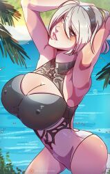 1girls android arms_behind_head big_breasts blush cleavage detailed_background female female_only hairband himmely leotard looking_at_viewer medium_hair mole mole_under_mouth nier:_automata nipple_bulge seaside smiling smiling_at_viewer solo solo_female white_eyes white_hair yorha_2b