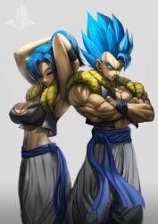 1boy 1girls armpits arms_crossed arms_up big_breasts blue_eyes blue_hair breasts bulchi bulma_briefs chichi cleavage clothing crop_top dragon_ball dragon_ball_fusions dragon_ball_super elitenappa female fusion gogeta large_breasts male male_saiyan muscular_male nipple_bulge nipples pants saiyan sash stretching super_saiyan_blue vest