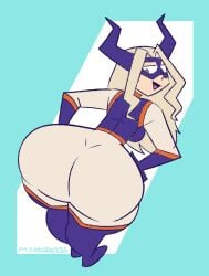 ass bent_over big_ass blonde_hair bubble_butt clothing costume dat_ass female female_only hands_on_hips huge_ass looking_back mask mount_lady my_hero_academia mythabyss smile smug solo thick_thighs wide_hips yuu_takeyama