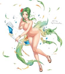 1girls bow_(weapon) breasts brown_eyes completely_nude edit elincia_ridell_crimea elincia_ridell_crimea_(summer) female female_only fire_emblem fire_emblem:_path_of_radiance fire_emblem:_radiant_dawn fire_emblem_heroes flower green_hair hair_flower large_breasts nintendo nude nude_female nude_filter open_mouth solo splooshiemon torn_clothes weapon white_background