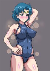 1girls ami_mizuno armpits big_breasts bishoujo_senshi_sailor_moon blue_eyes blue_hair blush cameltoe erect_nipples_under_clothes female female_only heitai_maboroshi_yoi one-piece_swimsuit pubic_hair sailor_mercury small_breasts solo swimsuit tagme visible_stench