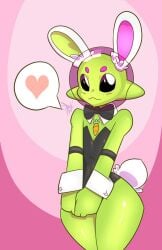 :3 accessory alien alien_humanoid ambiguous_gender animal_ears antennae artist_signature bald bare_shoulders belly_button big_ass big_butt black_bowtie black_eyes bowtie bowtie_collar bunny_ears bunny_tail bunnysuit carrot clothed cute eyebrows fanart flat_chest flat_chested green_body heart hips humanoid looking_at_viewer necklace phrenpai pink_background simple_background smile smiling_at_viewer sploot_(unknownspy) text_bubble thick thick_ass true_flat_chest unknownspy white_pupils wide_hips wristband