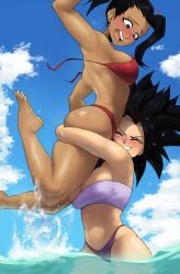 2022 2girls absurd_res ass barefoot bikini bikini_malfunction black_eyes blush breasts brown_skin caulifla dragon_ball dragon_ball_super echosaber female female_saiyan hips huge_breasts kale large_ass light-skinned_female light_skin medium_hair outdoors ponytail short_hair shounen_jump slim_waist smile spiky_hair tan-skinned_female tan_skin thick_thighs thighs tomboy universe_6 universe_6_girls wardrobe_malfunction wide_hips