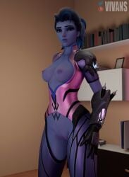 1girls 3d amelie_lacroix blender blue_body blue_skin breasts brown_hair brown_hair exposed_breasts exposed_pussy female female_only looking_at_viewer nipples overwatch panties pussy solo tattoo vivans wide_hips widowmaker yellow_eyes