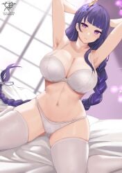 1girls 2022 armpits arms_behind_head arms_up artist_logo artist_signature beauty_mark bed bedroom bra braided_hair breasts female female_only genshin_impact hips huge_breasts indoors kaos_art kneeling long_hair looking_at_viewer mole_under_eye panties purple_eyes purple_hair raiden_shogun skindentation slim_waist thick_thighs thighhighs thighs wide_hips