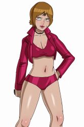 1girls anime_style brown_hair choker cleavage collarbone female female_focus female_only fully_clothed grand_theft_auto grand_theft_auto_iii greko_(artist) hand_on_hip jacket large_breasts misty_(gta) navel pink_lipstick prostitute short_hair shorts solo sports_bra