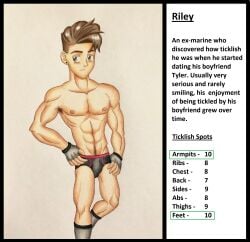 1boy armpit_hair barely_clothed black_underwear brown_hair bulge character_bio character_sheet fingerless_gloves gay male_focus male_only marine muscular_male original_character riley riley_(trueticklefanatic) solo_male text tickle_fetish ticklish trueticklefanatic