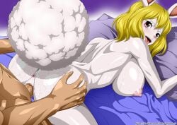 1boy 1boy1girl 1girls anus ass asshole big_breasts blonde_hair blush bunny_ears bunny_girl carrot_(one_piece) censored censored_penis cum doggy_style female female_focus hetero looking_at_viewer looking_back male mosaic_censoring nel-zel_formula nipples on_bed one_piece open_mouth rabbit_ears rabbit_humanoid red_eyes sex sweat sweating teen teenage_girl teenager tongue_out unseen_male_face vaginal_penetration white_body