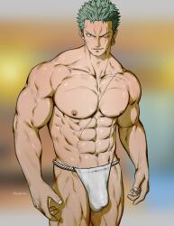 balls bara big_balls big_penis bulge fundoshi fundoshi_only gay hydaria male male_only muscles muscular one_piece penis roronoa_zoro scar scar_across_eye scar_on_chest solo solo_male