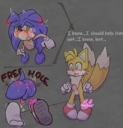 anal_orgasm anthro anthro_only blush bondage bound clothing duo egg_vibrator ejaculation english_text exposed_torso footwear foreskin genitals handwear humiliation male male/male no_humans onechan penile penis public sega sex_toy socks solo sonic_(series) sonic_the_hedgehog sonic_the_hedgehog_(series) tails text through_wall torture vibrator