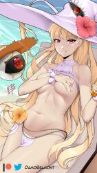 1girls alternate_costume bangs bare_arms bare_shoulders belly_chain bikini blonde_hair breasts commentary commission covering covering_breasts cowboy_shot damodar eitri_(fire_emblem) female female_only fire_emblem fire_emblem_heroes flower grin groin hand_up hat hat_flower hibiscus highres jewelry loincloth long_hair looking_at_viewer lotion medium_breasts navel nintendo orange_flower pelvic_curtain pink_eyes pink_flower sleeveless smile solo stomach sunscreen swimsuit thighs very_long_hair water white_bikini white_headwear white_swimsuit witch_hat wrist_cuffs