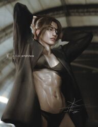 abs attack_on_titan brown_eyes brown_hair eyepatch female female_abs female_only hair_up hanji_zoe muscular muscular_female open_shirt shingeki_no_kyojin underwear xtevestrange