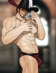 balls bara big_balls big_penis bulge dracule_mihawk facial_hair gay hat hydaria male male_only muscles muscular one_piece penis side_view solo solo_male