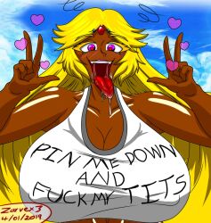 bimbo bimbofication blonde_hair blush brainwashing breasts cleavage dark-skinned_female dark_skin drool femsub ganguro gyaru happy_trance heart heart-shaped_pupils hi_res huge_breasts kid_icarus mind_control nintendo palutena pink_eyes symbol-shaped_pupils text text_on_clothing tongue_out v zarvex3