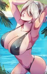 1girls android arms_behind_head big_breasts bikini blindfold blush detailed_background female female_only hairband himmely medium_hair mole mole_under_mouth nier:_automata nipple_bulge seaside smiling solo solo_female white_hair yorha_2b