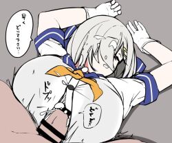 1boy 1girls anime_style cum cum_on_breasts cum_on_hair cumshot female gloves hamakaze_(kantai_collection) hauto-san japanese_text kantai_collection light_skin on_ground paizuri paizuri_under_clothes seifuku simple_background sketch text text_bubble