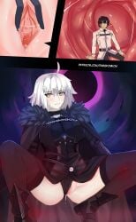 1boy 1boy1girl 1girls cervix clothed cum fate/grand_order fate_(series) fujimaru_ritsuka_(male) giantess internal jeanne_alter macro male/female micro panties_aside pure_konkon pussy size_difference spread_pussy unbirthing vore white_hair yellow_eyes