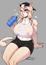 1girls after_workout anthro bandage bandage_on_face beamboi big_breasts bottle cap female female_only frankie_(extremedash) fur furry furry_only grey_background leaning_on_hand lion lion_ears lion_tail narrowed_eyes nipples nipples_visible_through_clothing one_eye_closed pantherine pawpads red_eyes reversed_baseball_cap sitting slit_pupils solo solo_female spats sportswear tail tomboy twintails very_high_resolution wet_clothes white_fur white_hair