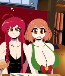 2girls big_breasts black_dress breasts brown_hair female female_only green_dress green_eyes hataraku_maou-sama! multiple_girls orange_eyes red_hair sasaki_chiho thyogakuma yusa_emi