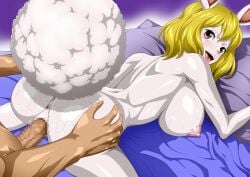 1boy 1boy1girl 1girls anus ass asshole big_breasts blonde_hair blush bunny_ears bunny_girl carrot_(one_piece) censored censored_penis cum doggy_style female female_focus looking_at_viewer looking_back male mosaic_censoring nel-zel_formula nipples on_bed one_piece open_mouth rabbit_ears rabbit_humanoid red_eyes sweat sweating teen teenage_girl teenager tongue_out unseen_male_face vaginal_penetration white_body