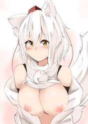 absurdres animal_ears bare_shoulders blush breasts breasts_out closed_mouth commentary commentary_request detached_sleeves female hat highres houkai_(collapse_illust) large_breasts looking_at_viewer momiji_inubashiri nipples pom_pom_(clothes) shirt short_hair silver_hair simple_background sleeveless sleeveless_shirt solo tail tokin_hat touhou turtleneck white_background white_shirt wolf_ears wolf_tail yellow_eyes